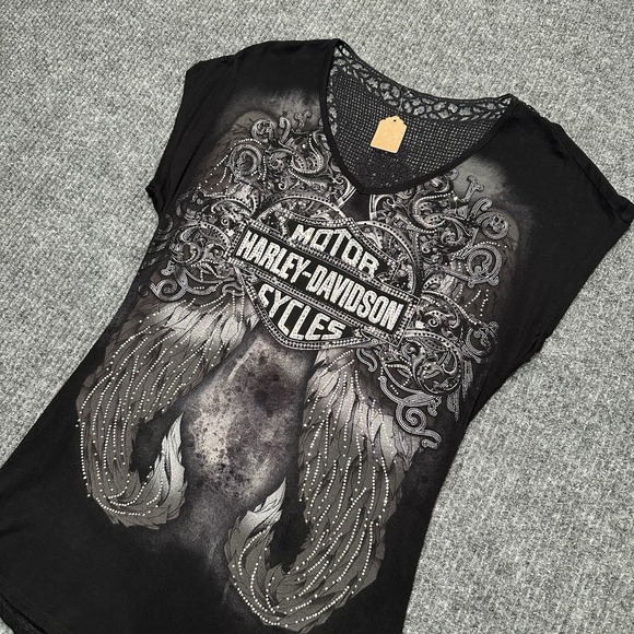 Harley-Davidson Tops - Harley Davidson Angle Wing Tee Medium‎ Black -Lace Back -Rhinestone Embellished